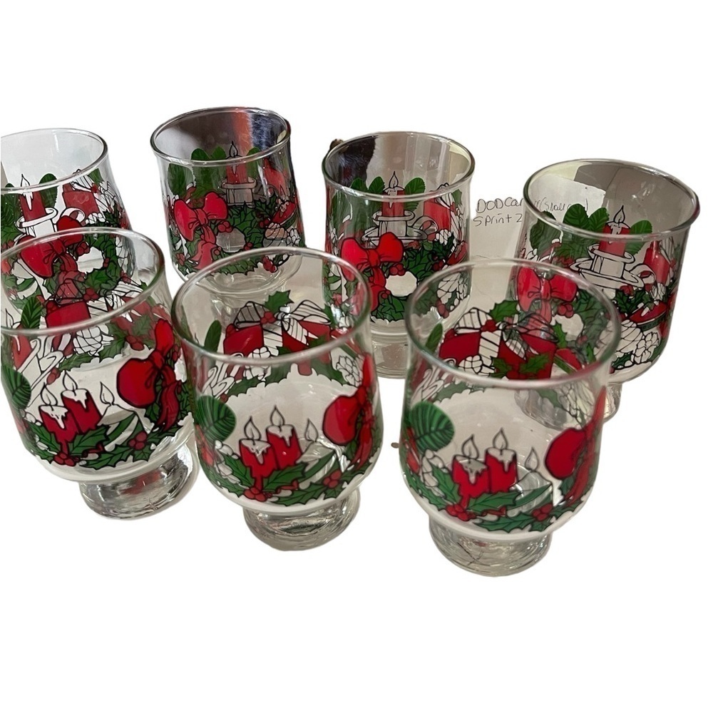 Christmas Low Ball Thick footed Glasses Holly Red ribbon Wreath candles green - Picture 4 of 6